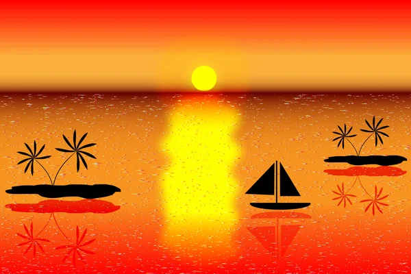 Θάλασσα με νησιά και σκάφος στο ηλιοβασίλεμα — Διανυσματικό Αρχείο