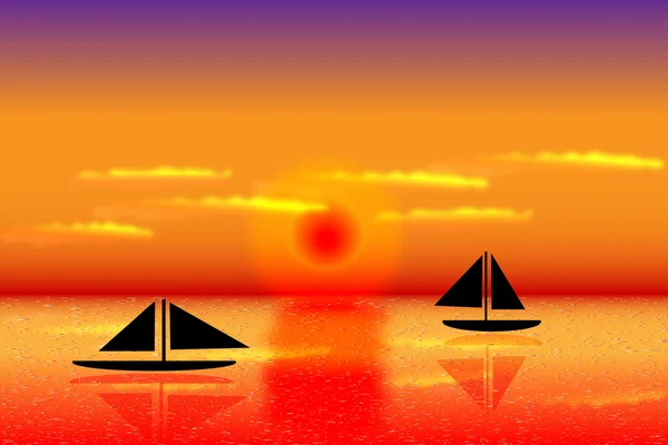 Mar com os navios ao pôr do sol — Vetor de Stock
