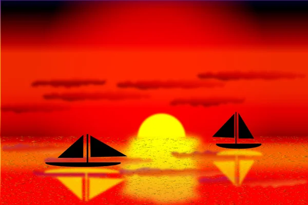 Zee met de schepen op zonsondergang — Stockvector