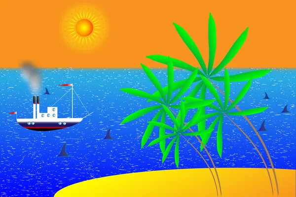Playa vectorial de verano con sol de mar y palmera — Archivo Imágenes Vectoriales