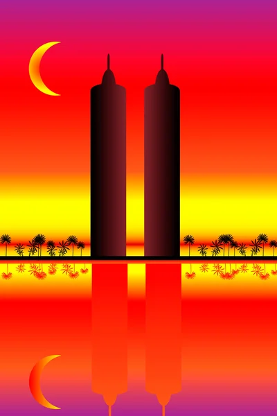 Silhouette of two skyscrapers at sunset — Stock Vector