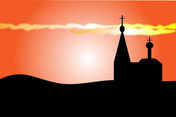 Una iglesia naranja puesta de sol y ortodoxia — Archivo Imágenes Vectoriales