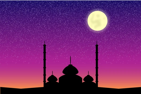 Silueta de mezquita en la noche de luna — Vector de stock
