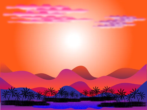 Oásis no deserto ao nascer do sol — Vetor de Stock
