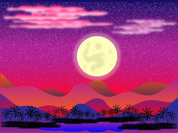 夜の砂漠のオアシス — ストックベクタ