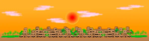 日没で大きいアラビア都市のパノラマ — ストックベクタ