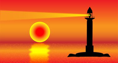 Seascape with lighthouse at sunset clipart