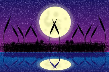 Lake night scene with grass silhouette clipart