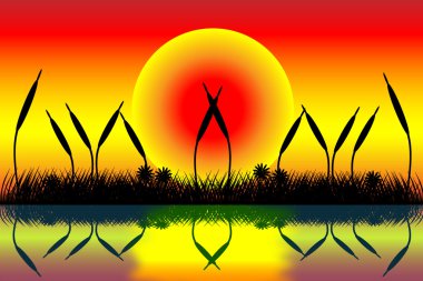 Lake scene with grass silhouette at sunset clipart