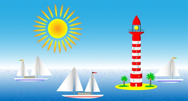 Paysage marin avec phare et voiliers — Image vectorielle