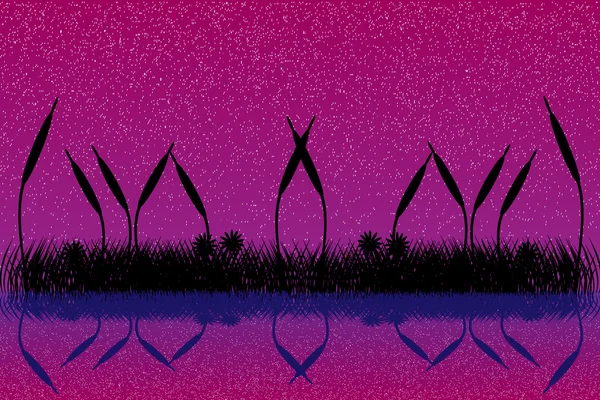 Lac scène de nuit avec silhouette en herbe — Image vectorielle