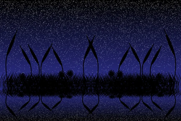 Scena di notte sul lago con silhouette d'erba — Vettoriale Stock