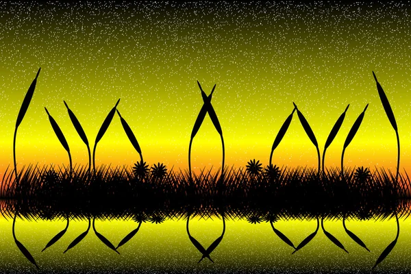 Λίμνη σκηνή με χόρτο Σκιαγραφία στο ηλιοβασίλεμα — Διανυσματικό Αρχείο