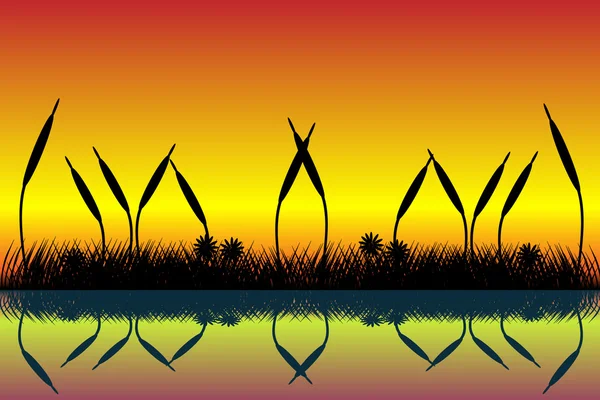 Scène de lac avec silhouette d'herbe au coucher du soleil — Image vectorielle