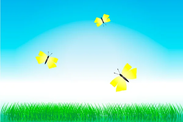 Green grass and yellow butterflies — Stock Vector