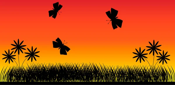 花儿和蝴蝶在日落背景 — 图库矢量图片