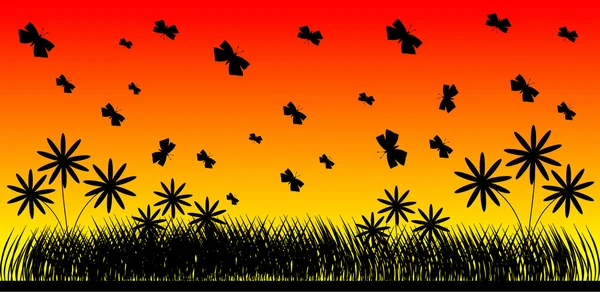 Kwiaty i motyl na tle zachodu słońca — Wektor stockowy