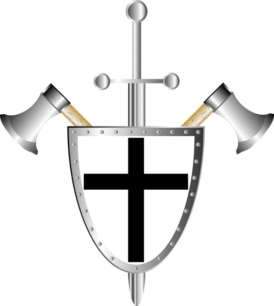 Боевой щит с топорами и мечом — стоковый вектор