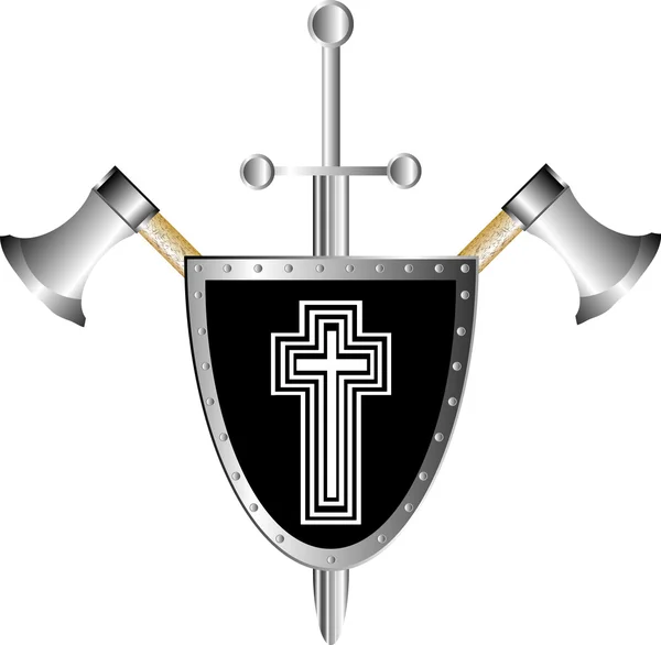Бойовий щит з сокирами і мечем — стоковий вектор