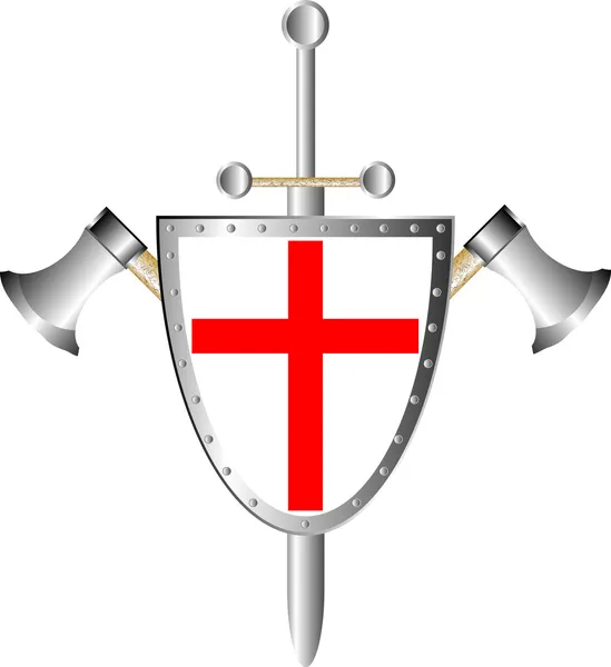 Battle shield med yxor och svärd — Stock vektor