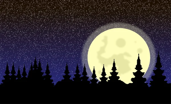 Paisagem, floresta noturna com lua grande — Vetor de Stock