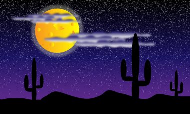 Desert with cactus plants. Night clipart