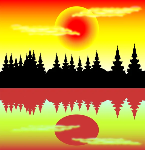 Vuren bos bij zonsondergang met weerspiegeling in water — Stockvector