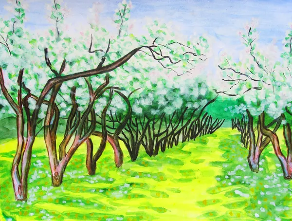 Apfelgarten in Blüte, Malerei — Stockfoto