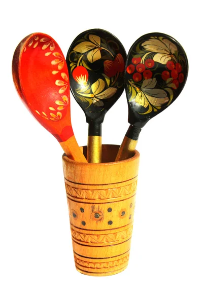 在 hohloma 样式中，俄罗斯的木制 spoones. — 图库照片
