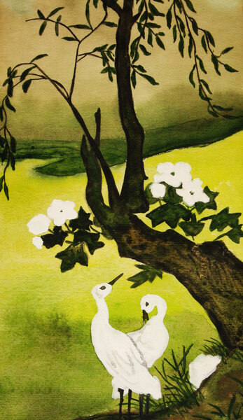 Two white birds and tree