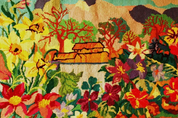 House and garden, embroidery — Stock Photo, Image
