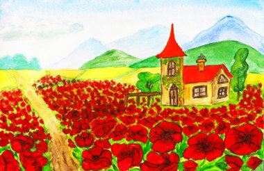 House with red poppies clipart