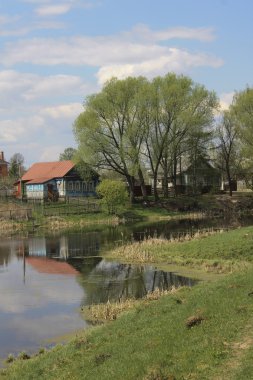 Wooden cottages near lake clipart