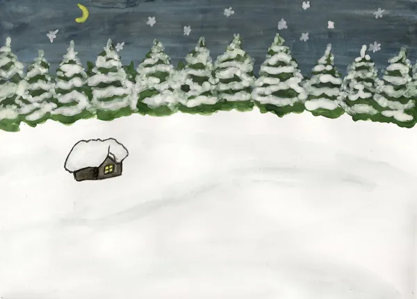 Kış ormanda küçük bir evde — Stok fotoğraf