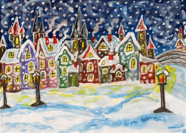 Fairy town på vintern, handritad målning — Stockfoto