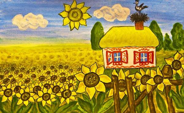 Ukrainian house (house with sunflowers) — Stock Photo, Image