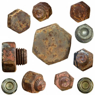 Very old rusty Screw heads, bolts, wheels screw isolated on white clipart