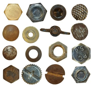 Collection Screw heads, bolts, steel nuts,old metal nail, isolated on white clipart