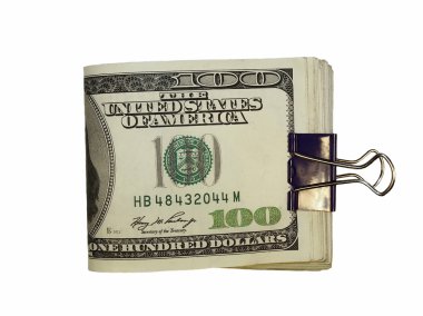 Pack $100 dollar bills and paper clip isolate on white background clipart