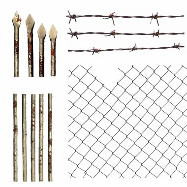 Set metal wire fence protection isolated on white for background texture clipart