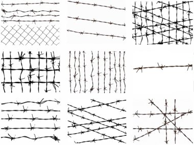 Set barbed wire fence protection isolated on white clipart