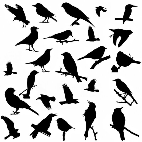 25 silhouette birds isolated on white background