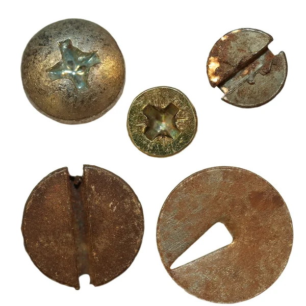 Stary zardzewiały Łby śrub, stary pin metal na białym tle — Zdjęcie stockowe