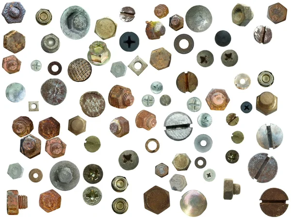 Colección Cabezas de tornillo, pernos, tuercas de acero, clavo de metal viejo, aislado en blanco —  Fotos de Stock