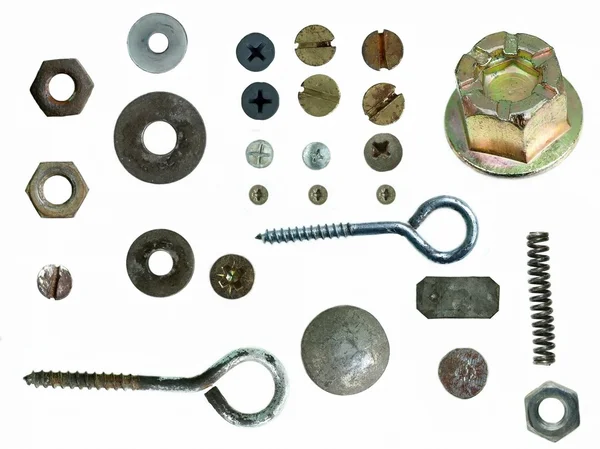 Kolekcja starych zardzewiałych śrub głowy, śruby, nakrętki stalowe, stare metalowe paznokci, — Zdjęcie stockowe