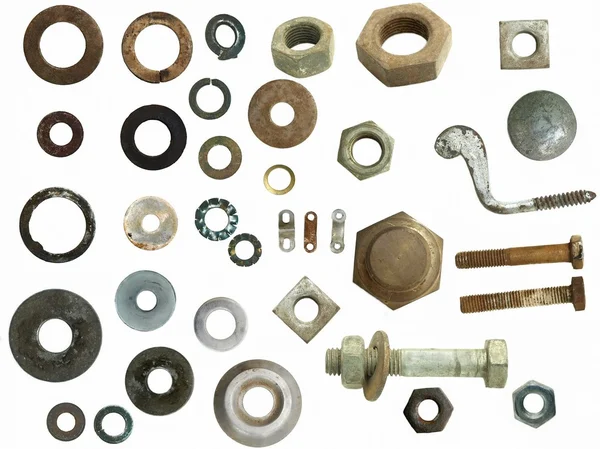 收藏旧生锈的螺丝头、 螺栓、 钢螺母、 旧金属钉钉, — 图库照片