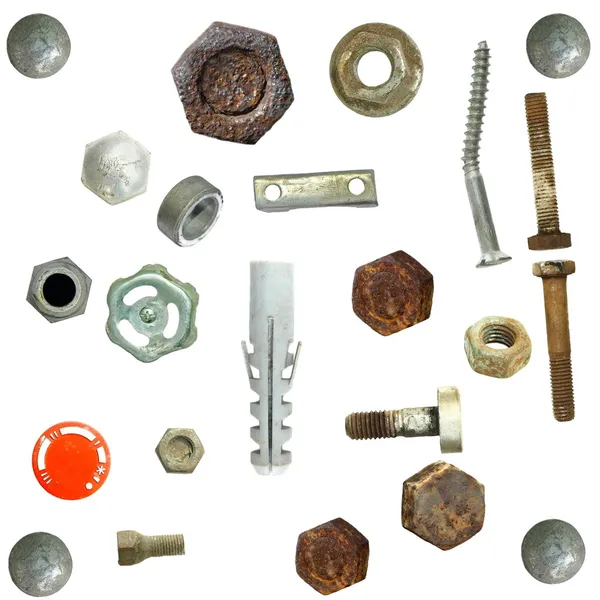 Kolekcja starych zardzewiałych śrub głowy, śruby, nakrętki stalowe, stare metalowe paznokci, — Zdjęcie stockowe