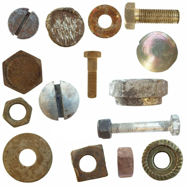 Old Screw heads, bolts, steel nuts, isolated on white background — Zdjęcie stockowe