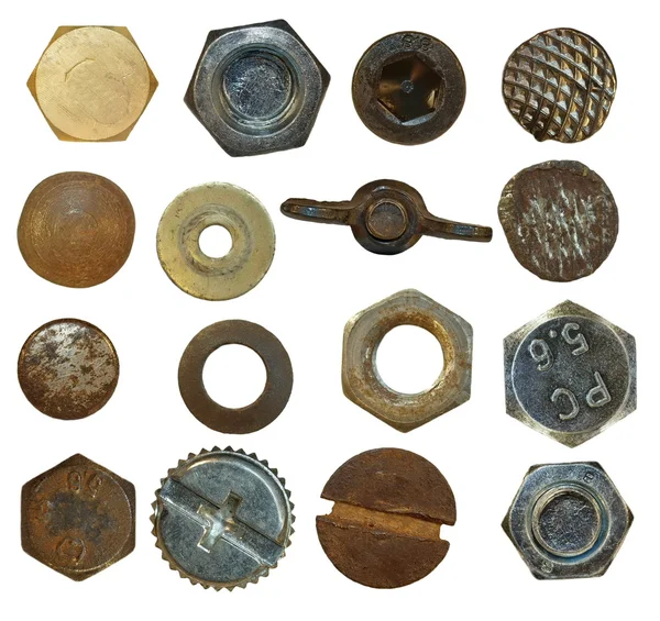 Collectie schroef hoofden, bouten, stalen noten, oude metalen nagel, geïsoleerd op wit — Stockfoto