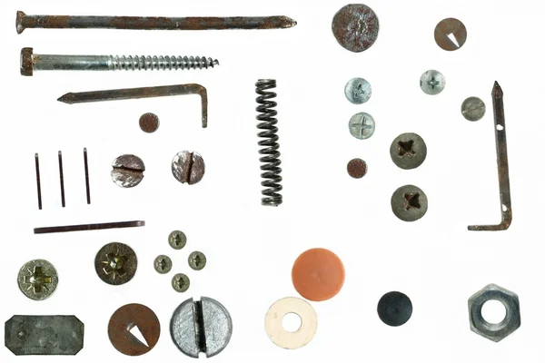 Oude roestige schroefkoppen, bouten, moeren, geïsoleerd op wit staal — Stockfoto
